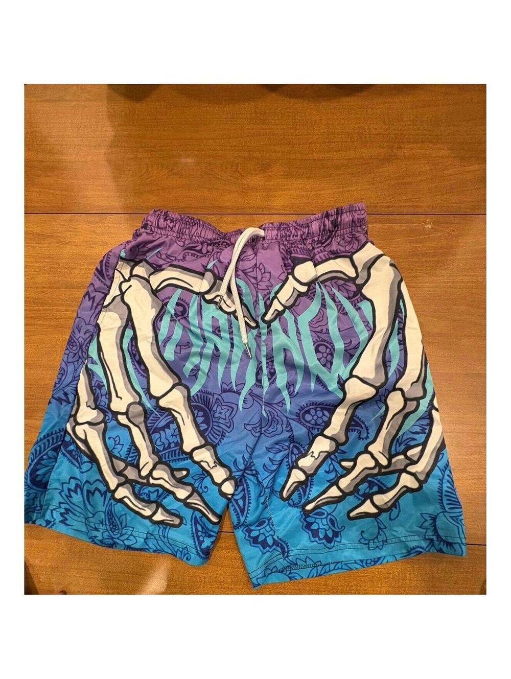 Romwe Men's Gradient Skeleton Hand and Paisley Print Athletic Shorts-342